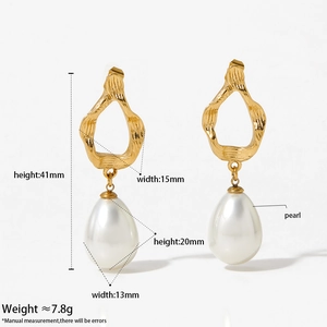 Elegant gold textured waterdrop earrings with pearl pendants and precise measurements