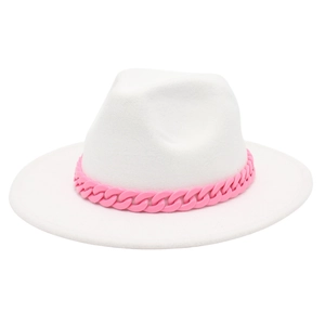 Close-up of white wide brim fedora hat featuring a vibrant pink chunky chain accessory
