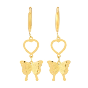 Chic 18K gold plated hollow heart and butterfly drop earrings in matte titanium steel