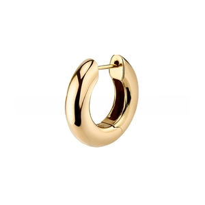 Close-up of a polished gold-plated hoop earring with a classic hinged buckle closure