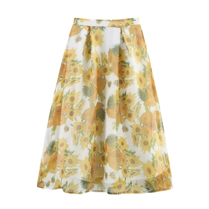 Women Sunflower Print Maxi Skirt Retro Oil Painting Style Pleated Organza A-Line Long Skirt Elegant Vintage