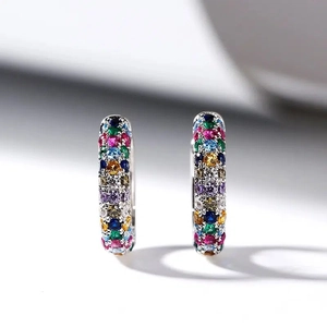 Rainbow hoop earrings with colorful cubic zirconia stones in silver-toned pavé setting