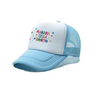 Detailed view of blue trucker hat featuring Mañana Será Bonito colorful graphic print
