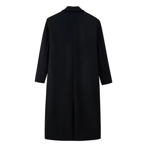 Back view of classic black double-breasted long wool coat with elegant silhouette