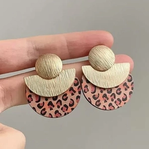 Geometric Stud Earrings With Leopard Print Wood Alloy And 925 Sterling Silver Earring Post Fashion For Women