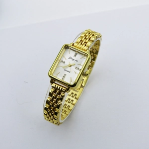 Elegant women's square gold quartz watch with crystal indices and metal link bracelet