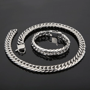 Polished titanium steel Cuban link chain necklace and bracelet jewelry set for men