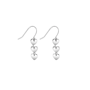 Elegant silver triple heart drop earrings with a minimalist polished finish for women