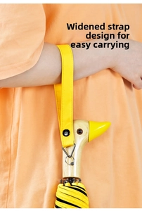 Close-up of duck head wooden handle and wide wrist strap on a yellow folding umbrella