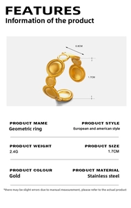 Detailed size chart and specifications for gold geometric stainless steel ring