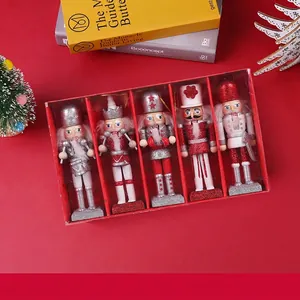 5-piece set of wooden Nutcracker soldier ornaments with red and silver glitter in gift box