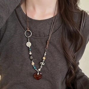 Vintage Ethnic Long Beaded Necklace With Ceramic Heart Pendant Wood Stone Beads Bohemian Sweater Chain For Women