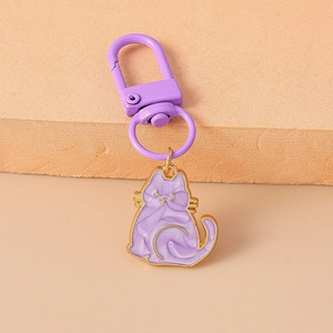 Cute purple cat keychain with enamel metal finish and matching charm hook for bags
