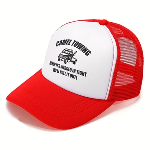 Red and white trucker hat with mesh back and funny Camel Towing print for men