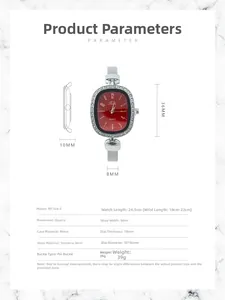 Detailed specs of the red oval crystal quartz watch with silver mesh stainless steel band