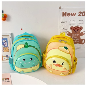 Detailed view of green dinosaur and yellow chick hard shell cartoon backpacks for kids