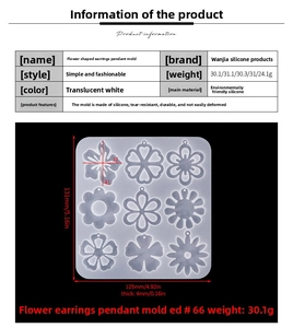Detailed dimension guide for floral resin earring molds made of translucent white silicone
