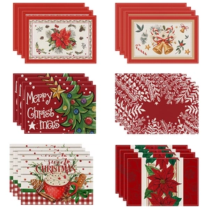 Detailed grid of six Christmas linen placemats with festive red patterns and holiday icons