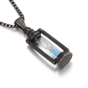Vintage stainless steel hourglass pendant necklace with blue sand on a box chain