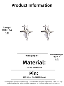 Detail showing 1.8cm silver star stud earring with white rhinestones and S925 silver post