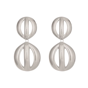 Macro shot of polished silver hollow geometric earrings with vertical grid texture detail