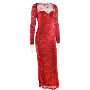 Detail of red floral lace long sleeve dress with sheer mesh top and structured cups