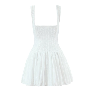 Women white summer mini dress with square neck and ruched bodice in a puffy style