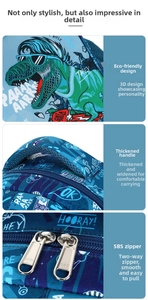 Detail of dinosaur print, thick padded handle and SBS zippers on kids backpack