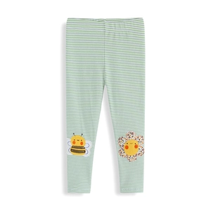 Girls Leggings Cotton Striped Breathable Elastic Skinny Pants With Cartoon Bee And Flower Applique For Spring Summer
