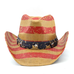 Detailed macro view of woven straw texture and American flag stars on cowboy hat