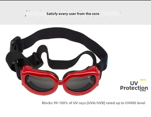Detail showing red UV400 pet sunglasses with adjustable elastic strap for small dogs