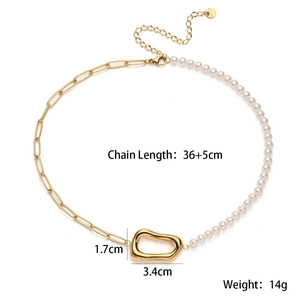 Detail of 18K gold-plated necklace showing 36+5cm length and pearl chain with pendant