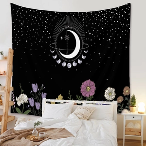 Bohemian moon phase tapestry with floral art as bedroom wall hanging decor