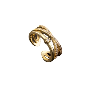 Elegant adjustable gold ring with three-layer crossing design and sparkling zircons