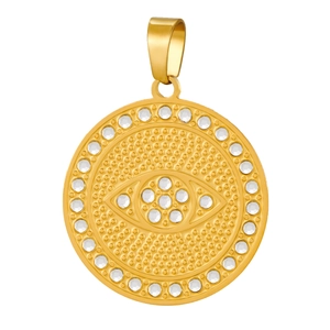 Detailed view of gold evil eye pendant with white gemstones and dotted metal texture