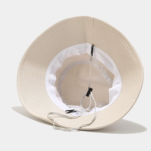 Beige wide brim sun hat with adjustable grey windproof rope and breathable lining