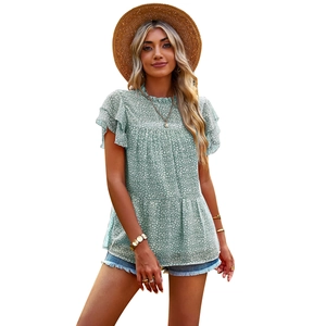Women's green floral round neck top with ruffle sleeves and summer botanical print