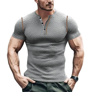 T-shirt Henley homme gris coupe ajustée à manches courtes avec texture gaufrée