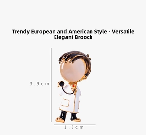 Detail view of cartoon doctor brooch with opal inlay measuring 3.9cm by 1.8cm