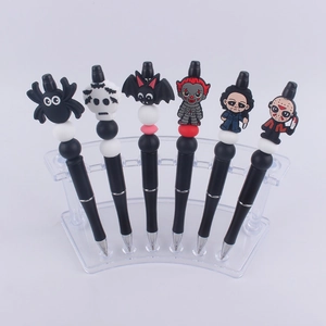 6PCS DIY Halloween beaded pens with horror movie character silicone charms and black barrels