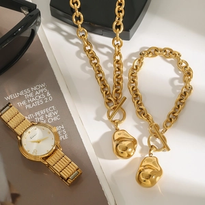18K gold plated stainless steel chunky chain bracelet and necklace set with lava pendant