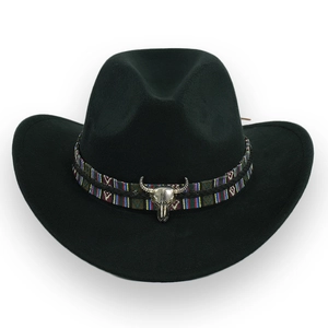 Western Cowboyhut Wollfilz Ethno Geflochtenes Band Metall Stierkopf Dekor Retro Gebogene Krempe Fedora Für Herren Damen