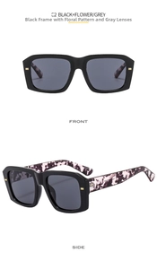 Macro detail of square retro sunglasses featuring black frames and floral marble temples