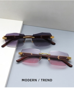 Detail of wood grain temples and gradient rectangle lenses on luxury metal sunglasses