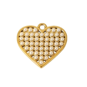 Vintage gold-plated heart pendant featuring elegant white faux pearls and a top metal ring