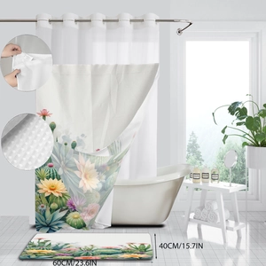 Detail view of floral cactus shower curtain and anti-slip bath mat set with fabric texture
