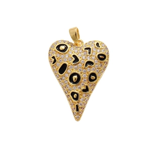 18K gold plated leopard print heart pendant with black enamel and sparkling crystals