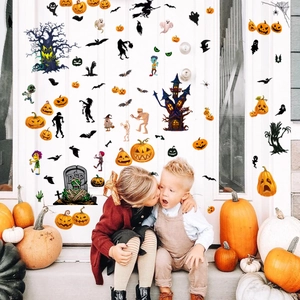 Halloween stickers on white door with pumpkins and kids in festive scene