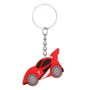 Detail of red PVC racing car keychain with white number 1 and silver metal keyring
