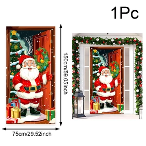 Detailed size chart for 150x75cm Santa Claus outdoor door banner with lifestyle view
